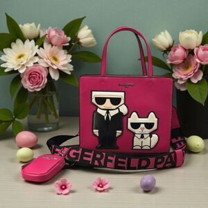 Karl Lagerfeld Pink Tote with Cartoon Karl & Cat Appliqué